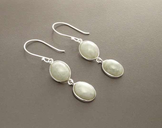 Jade Earrings, Sterling Silver, NATURAL Light Green Jade Gemstone, Minimalist Drop Stone Earrings, Modern Dangle Oval Stones Jewelry