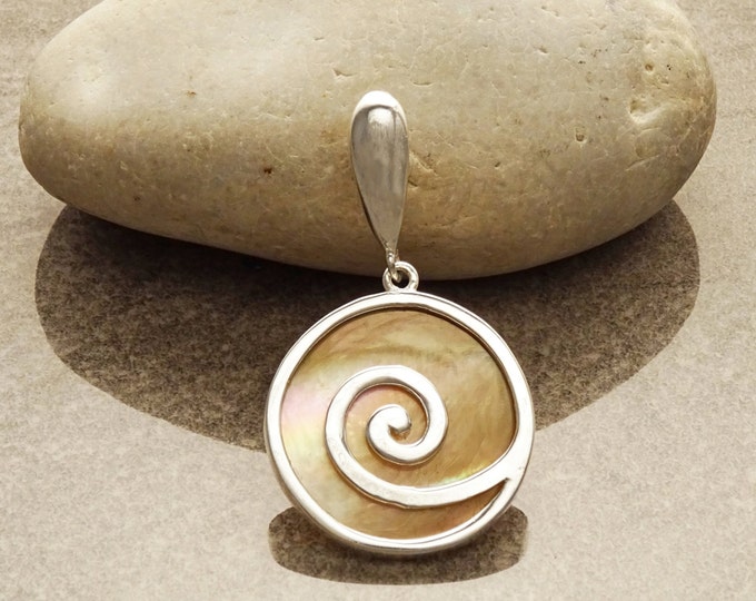 Spiral Pendant Necklace, Sterling Silver, Natural Gold Brown Paua Shell Rainbow Reflections, Geometric Round Stone Dangle Pendant