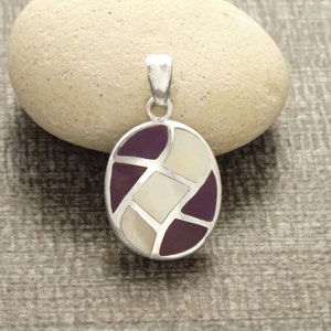 Oval Purple Pendant Sterling Silver Pendant, White Mother of Pearl, Mosaic Wave Pattern Pendant, Inlay Dangle Pendant, Purple Color image 1