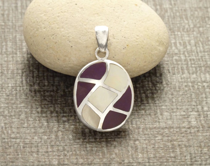 Oval Purple Pendant - Sterling Silver Pendant, White Mother of Pearl, Mosaic Wave Pattern Pendant, Inlay Dangle Pendant, Purple Color