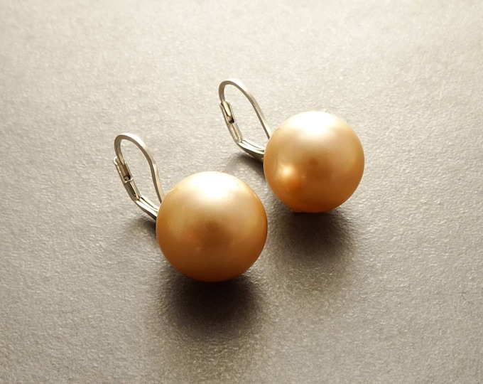 14 mm GENUINE Gold Shell Pearl Earrings, Sterling Silver, Lever Back Earrings, Minimalist, Pearl Jewelry, Prom, Wedding, Bridesmaids Gifts