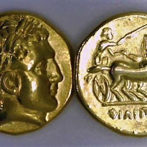 24K Gold plate Greece Greek Macedon Macedonia King Philip II Alexander The Great Father Stater Ancient coin Pella mint Apollo Chariot Gift