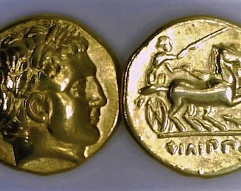 24K Gold plate Greece Greek Macedon Macedonia King Philip II Alexander The Great Father Stater Ancient coin Pella mint Apollo Chariot Gift