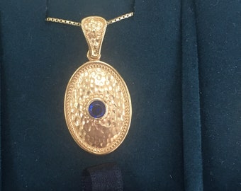Greek Art Greece Byzantine Museum Jewelry Pendant 24K Gold plated sterling Silver Blue Synthetic Sapphire Stone
