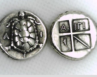 Greece Greek Attica Aigina Stater coin Jewellery High Quality Museum Restrike silver plate Sea Turtle Tortoise gift Education Marine life