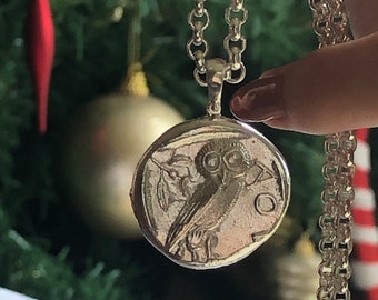 The famous Attica Athens Tetradrachm Owl Athena coin in Sterling Silver Jewelry Pendant Wisdom Graduation gift Christmas Present Handmade