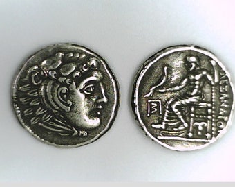 Silver plate Greece Greek Alexander The Great Drachm Ancient coin Replica Magnesia mint Hercules Zeus monogram Amphipolis Tomb Xmas Gift