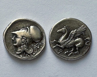 Greece Greek Corinth or Bruttium Italy Jewellery Jewelleries Museum Remake silver pl coin Athena Helmet Flying Horse Pegasus Xmas gift