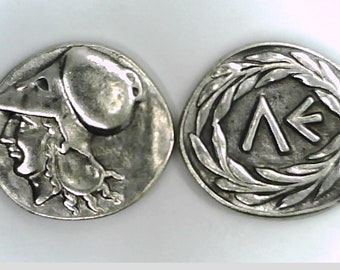 Greece Greek Sparta Leonidas Fantasy coin depicting Athena and a Wreath on the obverse Greek initials ΛΕ OR LE silver plated coin