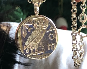 The famous Attica Athens Tetradrachm Owl Athena coin in Sterling Silver Jewelry Pendant With Silver Chain Wisdom Graduation gift Handmade