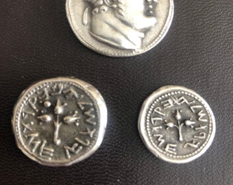Lot of 3 Judas Shekel coins Judean Eagle Tyre Bible coins Pomegranate Homer’s Cup Silver plated Xmas gift Jewish Israel Passover Pasha