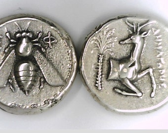 Greece Greek Asia Minor Ephesos Tetradrachm coin Jewellery Jewelleries Museum Remake silver plate coin Bee Stag Xmas Replica gift Education