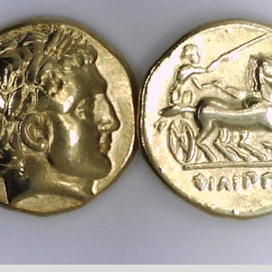 Greece Greek Macedon King Philip II Alexander The Great Father Stater AV 24K Gold plated Ancient coin Pella Apollo Chariot Thunderbolt Gift