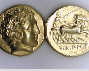 Greece Greek Macedon King Philip II Alexander The Great Father Stater AV 24K Gold plated Ancient coin Pella Apollo Chariot Thunderbolt Gift