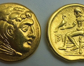 24K Gold plate Greece Greek Alexander The Great Drachm Ancient coin Replica Magnesia mint Hercules Zeus monogram Amphipolis Tomb Xmas Gift