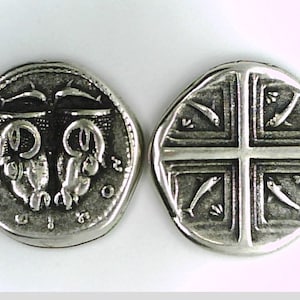 Central Greece Greek Phokis Delphi Tridrachm coin two Rams head Rhyta Quad incuse with Dolphins Christmas Xmas Gift Educational gift Dolphin
