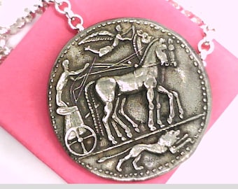 Sterling Silver 925 Greece Jewelry Unique Brooch & Pendant Sicily Dekadrachm coin Horse Lion Chariot Handmade Ladies Women Men Birthday Gift