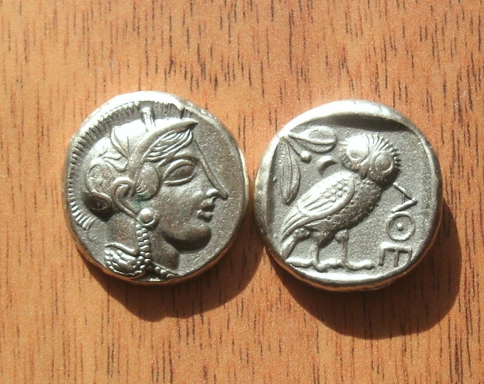 Featured listing image: Greece Greek Attica Athens Tetradrachm coin Jewelry Jewelries High Quality Museum Remake silver plate coin Athena Owl Xmas gift Education