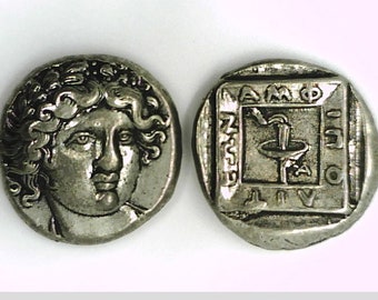 Greece Greek Macedon Amphipolis Tetradrachm coin Jewelry silver plated Apollo Torch Olympiad Olympic Games Music Light Xmas gift Education