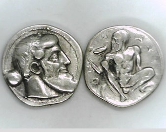 Greece Greek Italy Italia Sicily Naxos ancient coin Drachm Dionysos nude Selinos Satyr Phallus Wine Sex Erotic Toy Remake Gift
