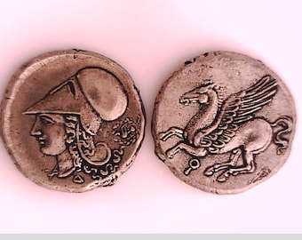 Greece Greek Corinth or Bruttium Italy Jewellery Jewelleries Museum Remake silver pl coin Athena Helmet Flying Horse Pegasus Xmas gift