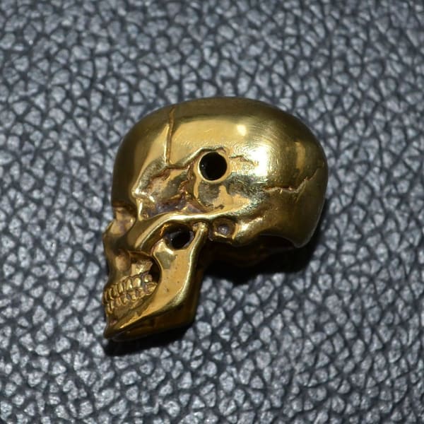 2pcs Lost wax casting Brass Skull Bead, Hand Polished Copper human Skull Bead, DIY Pendant Bracelet Lanyard Paracord Bead, EDC Knife Bead