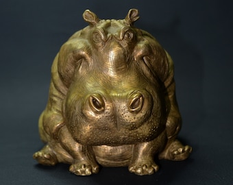 5.3 inch Lost Wax Casting Brass Hippo Figurine Artwork, Copper Metal Hippo Crafts,Brass Collectibles,Home Desk Decor Precious Gift