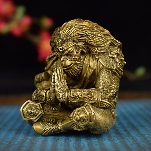 Monkey King Buddha,Solid Brass Monkey King Statue Ornament,Copper Metal Meditation Monkey King Sun Wukong Crafts Home Decor,Desk Decor Gift