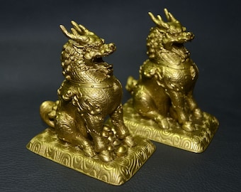 1 Pair Lost Wax Casting Solid Brass kylin Lion Figurine,Lion Brass Art Collection,Metal Artwork Lucky Beast Desk Bookcase Decor, nice gift