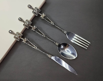 Gothic Skull Skeleton Handle Spoon Fork Knife Cutlery,Handmade Metal Stainless Steel Cutlery,Personalized Punk Gothic Dark Demon Knife,Gift