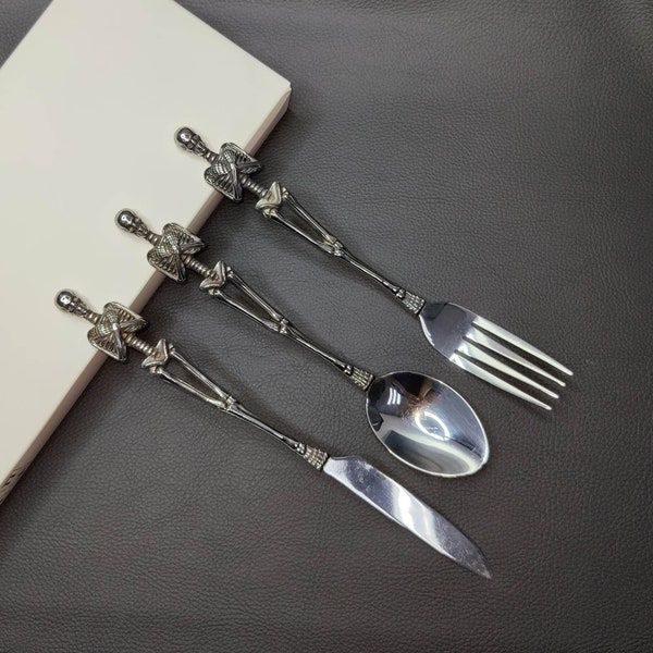 Gothic Skull Skeleton Handle Spoon Fork Knife Cutlery,Handmade Metal Stainless Steel Cutlery,Personalized Punk Gothic Dark Demon Knife,Gift