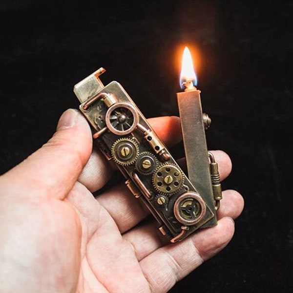 Briquet à huile punk à vapeur en cuivre pur, jouet EDC, laiton fait main bricolage Les engrenages sont déroulants et jouables, cadeau personnalisé, accessoires pour fumeurs