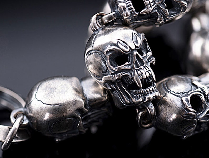 Hand polished Retro craft Punk Gothic Skull mens bracelet Handmade Fine 925 Sterling Silver Skull Bracelet Chain Link Men/'s gift 62g