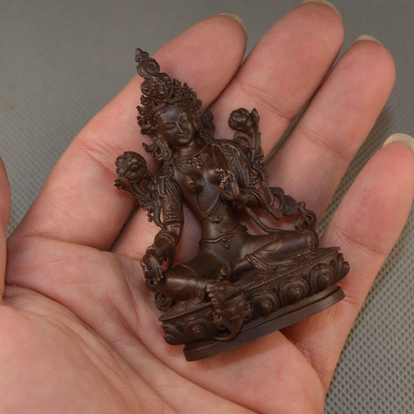 Fine Vintage Bronze Cast Green Tara Statue, Lost Wax Casting Metal Artwork,  Buddhist Oriental culture Craft figurine, Home bookcase Decor