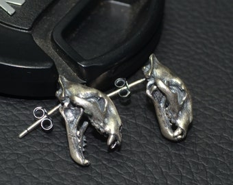 Handgemachte 925 Sterling Silber Tiger Schädel Ohrring, Ohrstecker Punk Gothic, COOL schönes Geschenk