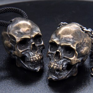 Handmade Solid Lost wax casting Brass Skull Pendant, Retro craft Punk Gothic Human Skull,  Rope or 925 sterling silver chain for choice