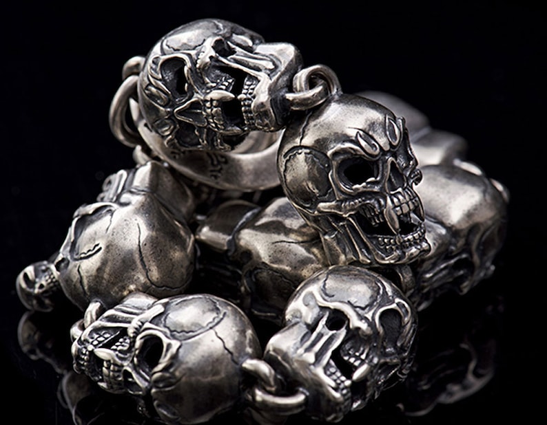 Hand polished Retro craft Punk Gothic Skull mens bracelet Handmade Fine 925 Sterling Silver Skull Bracelet Chain Link Men/'s gift 62g