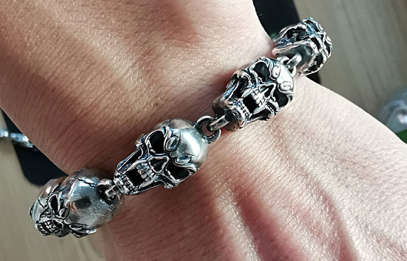 Hand polished Retro craft Punk Gothic Skull mens bracelet Handmade Fine 925 Sterling Silver Skull Bracelet Chain Link Men/'s gift 62g