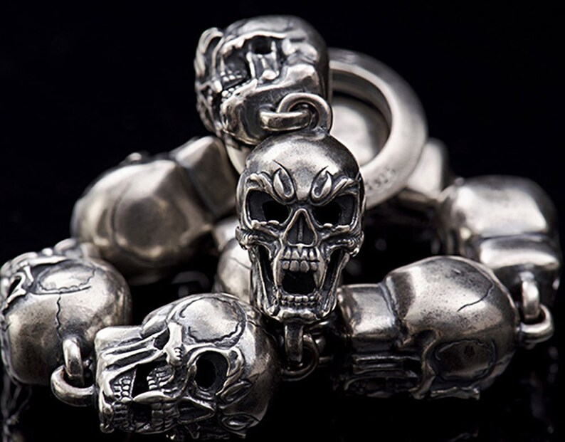 Hand polished Retro craft Punk Gothic Skull mens bracelet Handmade Fine 925 Sterling Silver Skull Bracelet Chain Link Men/'s gift 62g