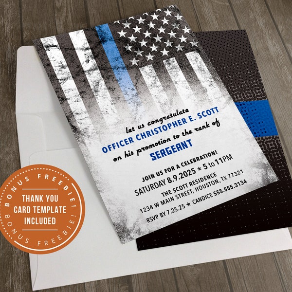 Police Officer Promotion Invitation with Thin Blue Line Flag, Printable File