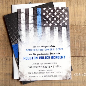Police Party Graduation Invitation with Thin Blue Line American Flag Design, Printable File
