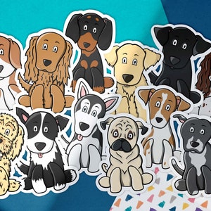 May include: A collection of 12 colorful cartoon dog stickers. The stickers feature different dog breeds, including a pug, a husky, a dachshund, and a labrador. The stickers are perfect for adding a touch of fun to your laptop, water bottle, or planner.