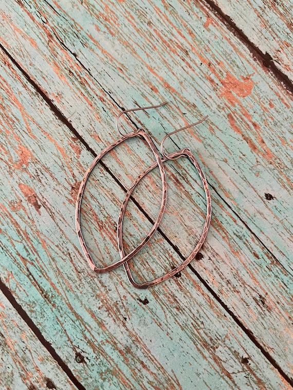 Lightweight Hammered Marquise Copper Hoop Earrings