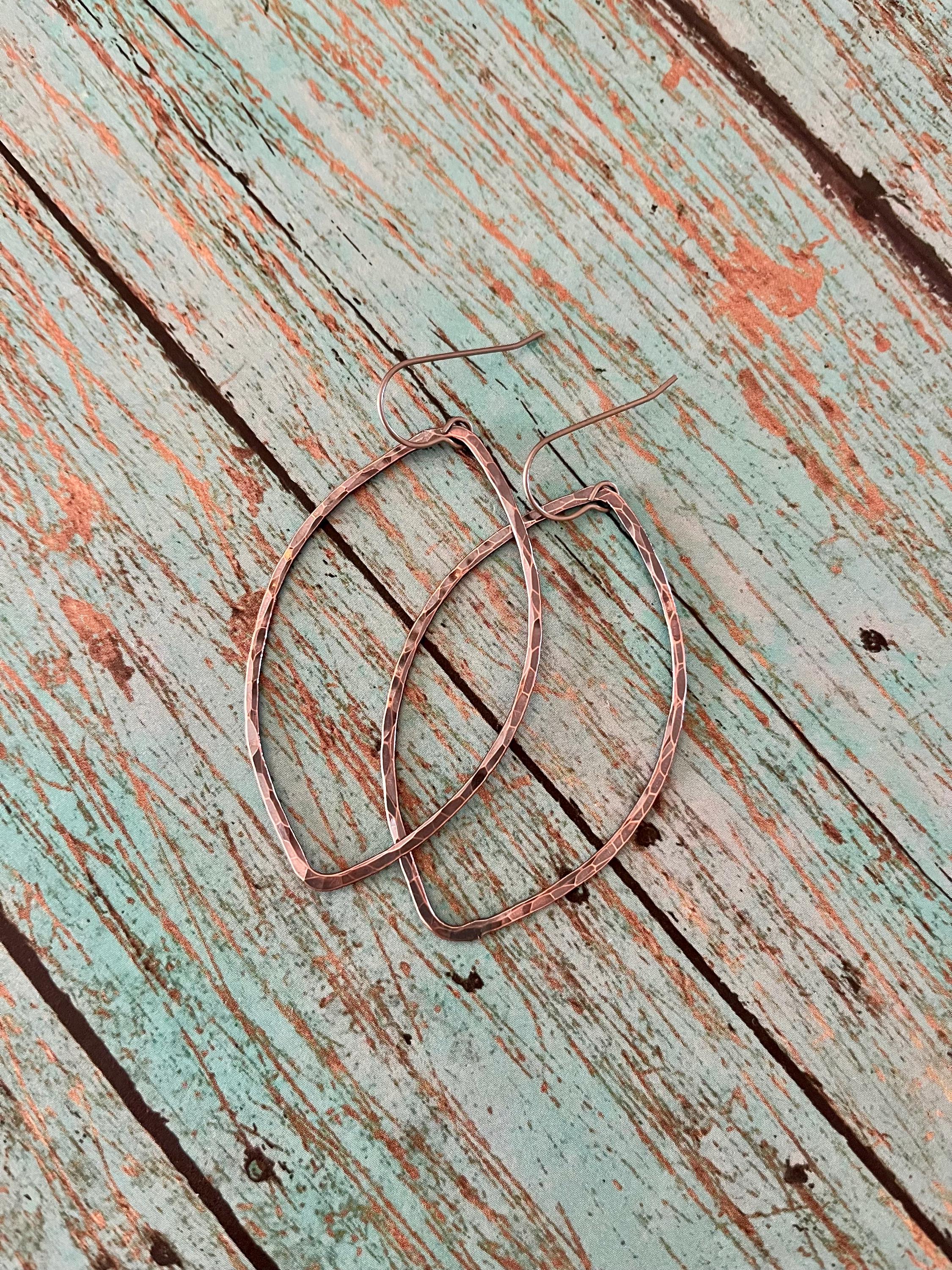Lightweight Hammered Marquise Copper Hoop Earrings
