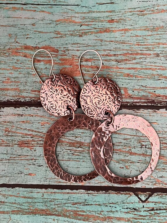 Embossed Copper Lotus Teardrop Earrings