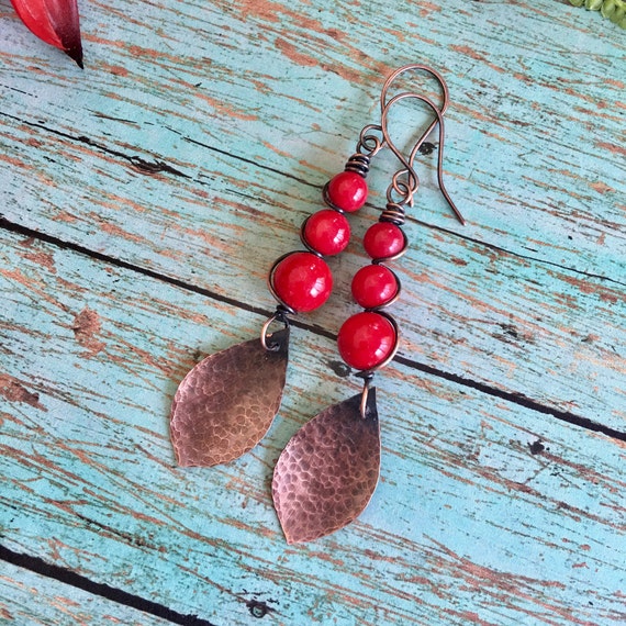 Copper Red Coral Earrings