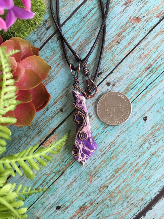 Antiqued Copper Wire Wrapped Pendant with multi-colored Purple Imperial Jasper Freeform Bead