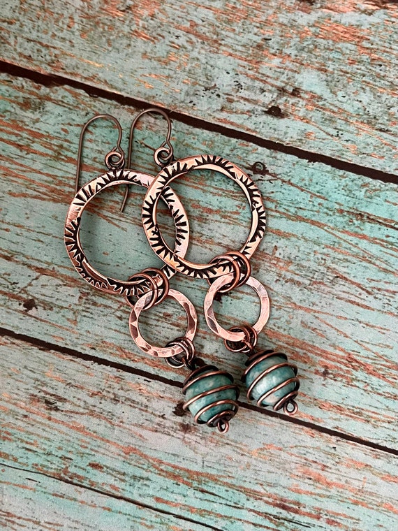Boho Rustic Hammered Copper Amazonite Three Tiered Dangle Hoop Earrings