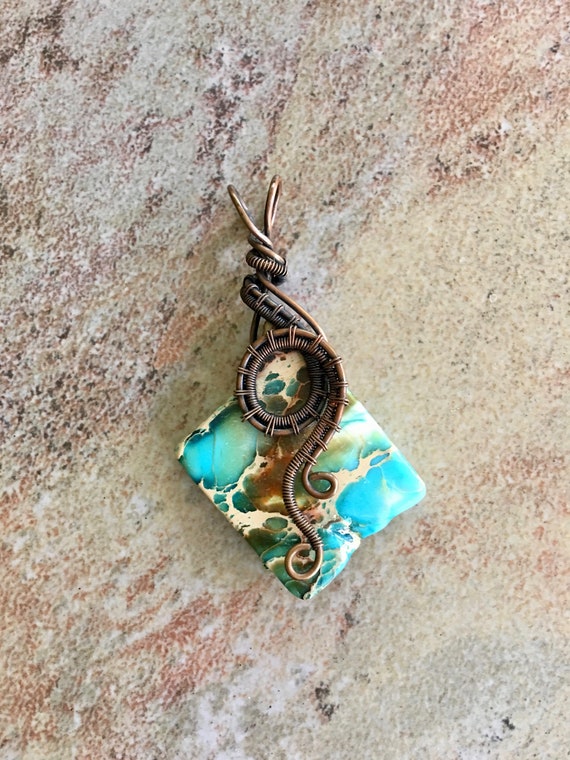 Antiqued Bare Copper Wire Wrapped Pendant Earrings Set with Freeform Turquoise Blue Imperial Jasper