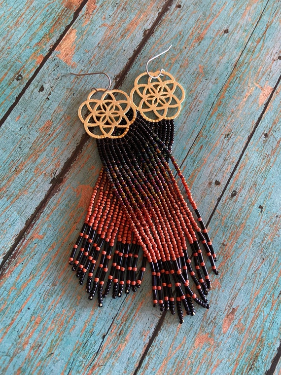 Long Bohemian Seed Beaded Fringe Lightweight Multicolored Shoulder Dusters Native American Inspired Gypsy Boho Hippie Chic Beaded Earrings